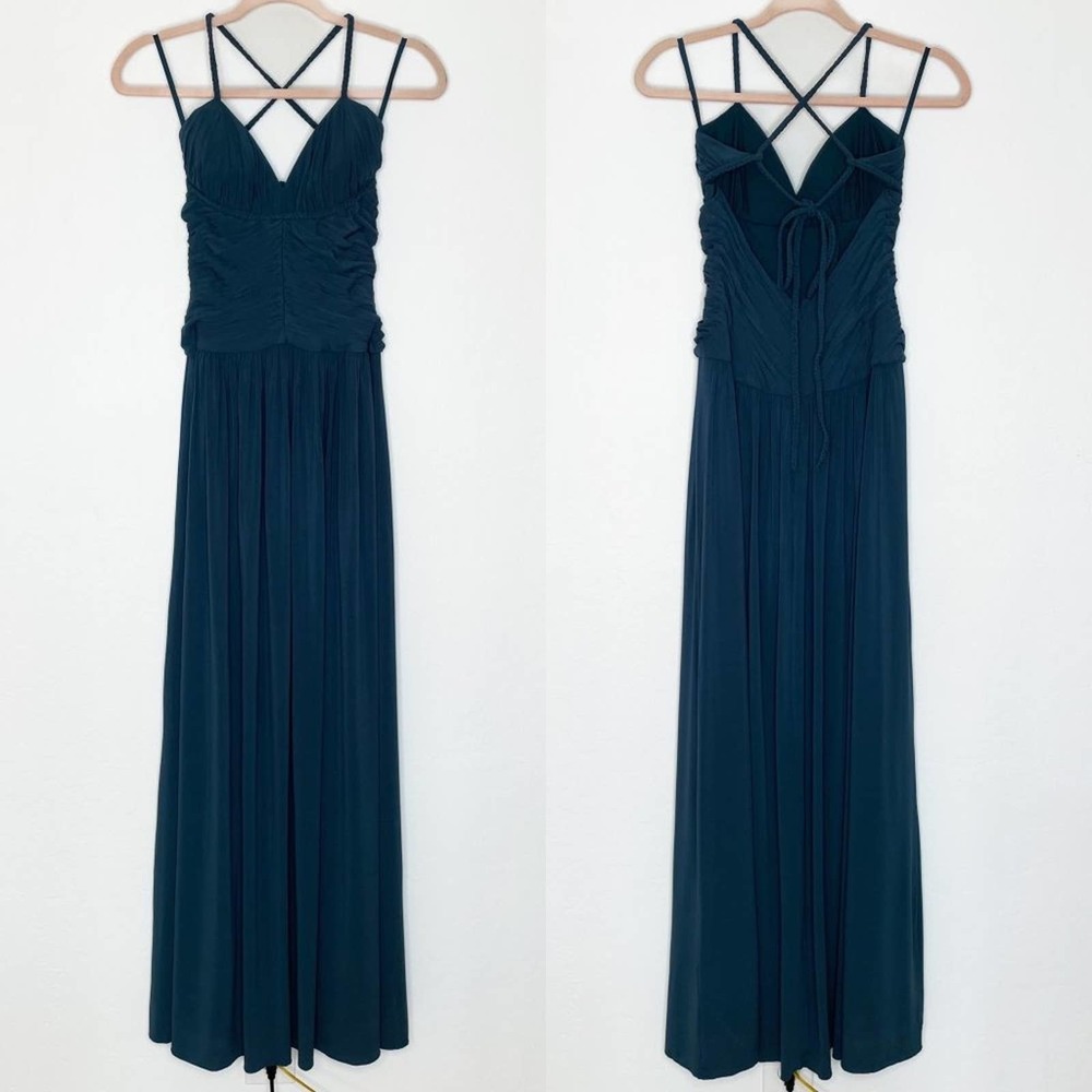 BCBGMAXAZRIA Teal Blue Sleeveless Ruched Cross Back Grecian Maxi Dress S